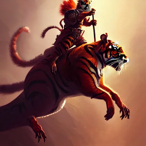 Image similar to Squirrel knight riding tiger, magic the gathering artwork, D&D, fantasy, cinematic lighting, centered, symmetrical, highly detailed, digital painting, artstation, concept art, smooth, sharp focus, illustration, volumetric lighting, epic Composition, 8k, art by Akihiko Yoshida and Greg Rutkowski and Craig Mullins, oil painting, cgsociety