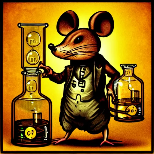 Prompt: anthropomorphic steampunk mouse performing a chemistry experiment with bright radioactive beakers, realistic, chiaroscuro, renaissance art, realistic, intricate textures