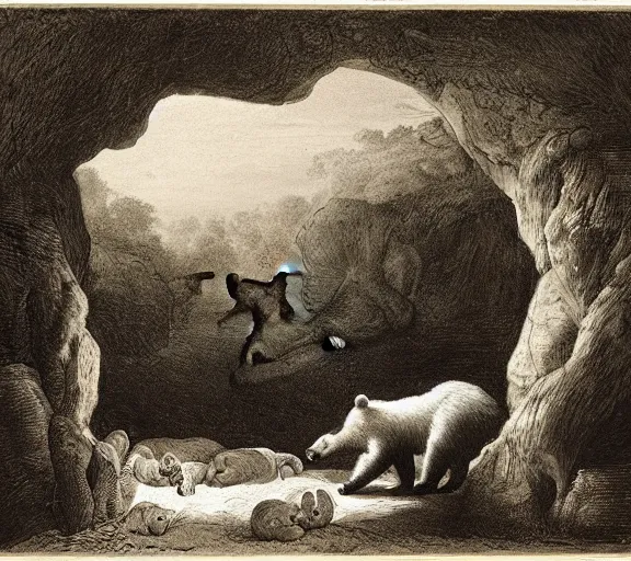 Image similar to viewer looking into dark cave and seeing a mother bear and her cubs sleeping, night time, artwork by Pieter Claesz, cross hatching, framed painting,