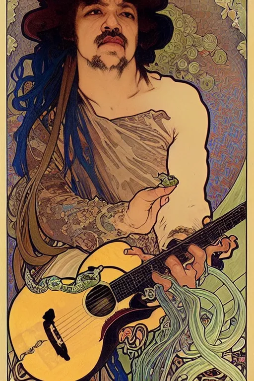 Image similar to realistic detailed face portrait of Carlos Santana playing guitar with snakes around and evolving from his body by Alphonse Mucha, Ayami Kojima, Amano, Art Nouveau, rich deep moody colors