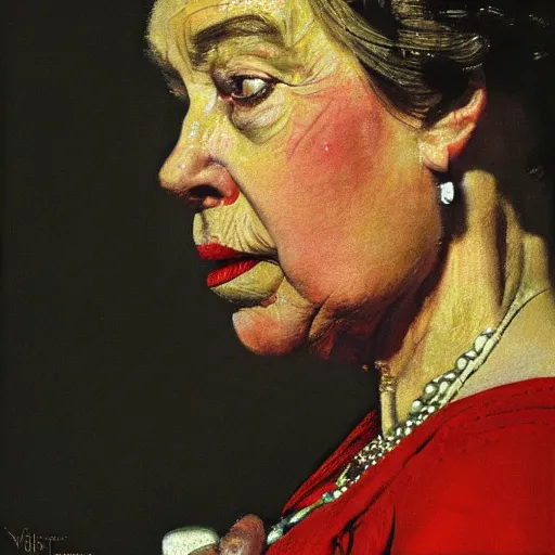 Image similar to close - up portrait of queen elizabeth painted as a sad beggar by norman rockwell, dramatic lighting