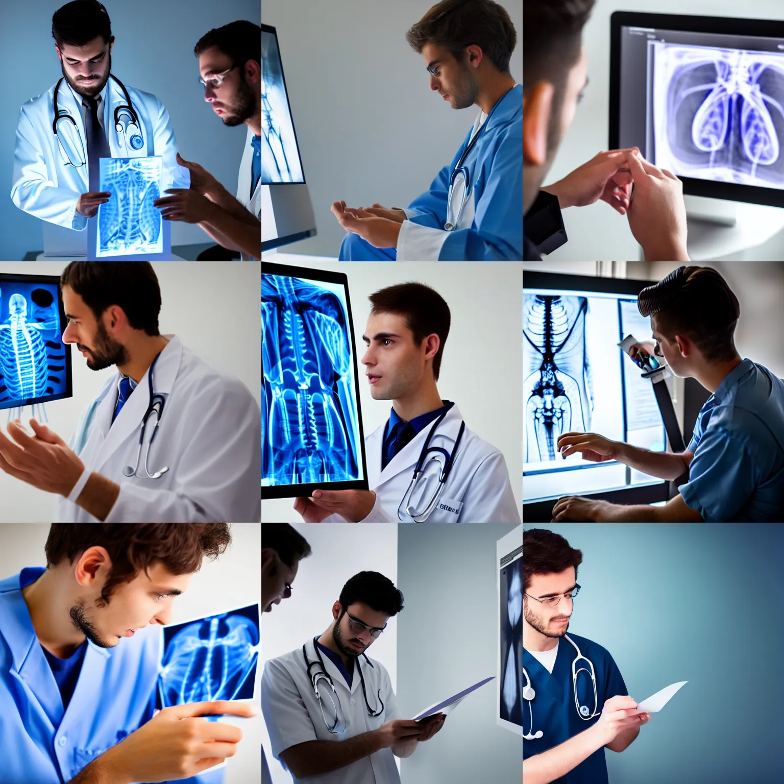 Prompt: young male medical student looking at x - ray results, photography, realistic, 8 k hd