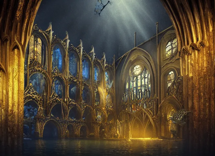 Prompt: gothic cathedral favela, underwater environment, scenery, professional, award - winning, trending on artstation, hyper detailed, realistic, beautiful, emotional, shiny, golden, picture