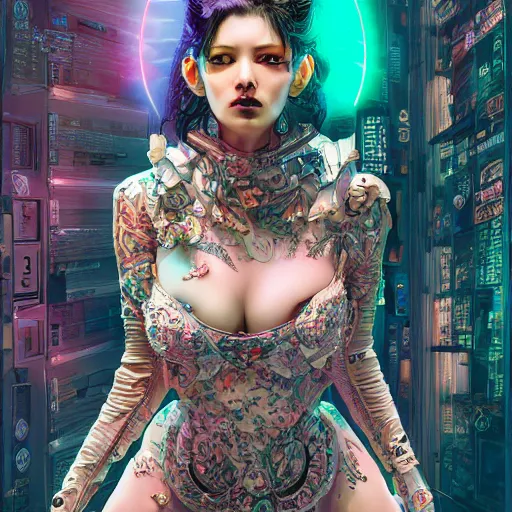 Image similar to the portrait of an absurdly beautiful, graceful, elegant, sophisticated, fashionable cyberpunk gravure idol, an ultrafine hyperdetailed illustration by kim jung gi, irakli nadar, zhong lin, intricate linework, bright colors, collage, porcelain skin, unreal engine 5 highly rendered, global illumination, radiant light, detailed and intricate environment