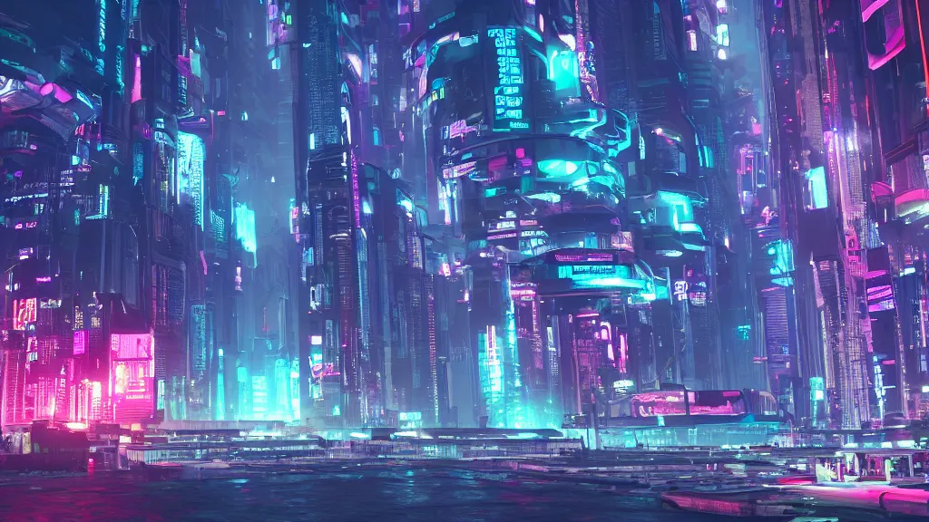 Prompt: cyberpunk city built underwater, nighttime, fluorescent led, made in blender, octane render, cinematic, volumetric lighting, futuristic,, hyperrealistic, highly detailed, colourful 4 k hd