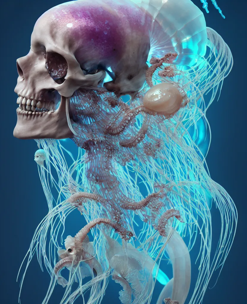 Image similar to goddess close - up portrait human skeleton, ram skull, jellyfish, orchid, betta fish, bioluminiscent, intricate artwork by tooth wu and wlop and beeple. octane render, trending on artstation, greg rutkowski very coherent symmetrical artwork. cinematic, hyper realism, high detail, octane render, 8 k