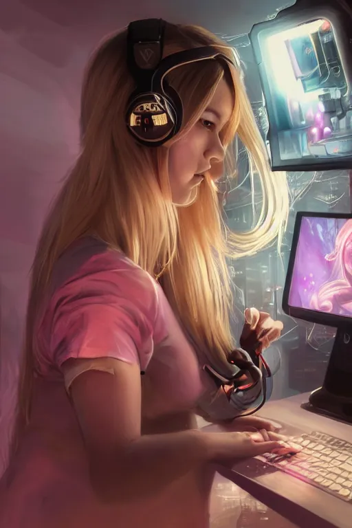 Image similar to gamer girl with blonde hair and dark eyes playing on her computer, portrait shot, face lit up by the monitor, pink gaming headset, dark atmosphere, dynamic lighting, intricate and very very beautiful, highly detailed, digital painting, artstation, concept art, smooth and sharp focus, illustration, art by tian zi and wlop and alphonse mucha