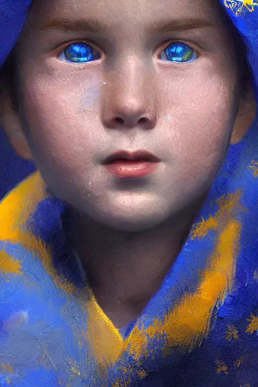 Image similar to little boy, close - up portrait, the portrait is decorated with blue and gold art deco patterns, powerfull, intricate, elegant, volumetric lighting, scenery, digital painting, highly detailed, artstation, sharp focus, illustration, concept art, ruan jia, steve mccurry