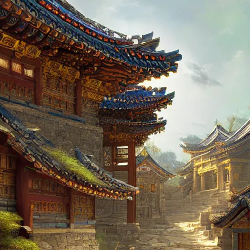 Image similar to artstation concept of an ancient korean village, bright colorful, gold, hyperdetailed, artstation trending, world renowned artists, worth1000.com, historic artworks society, antique renewel, cgsociety, by greg rutkowski, by Gustave Dore, Deviantart