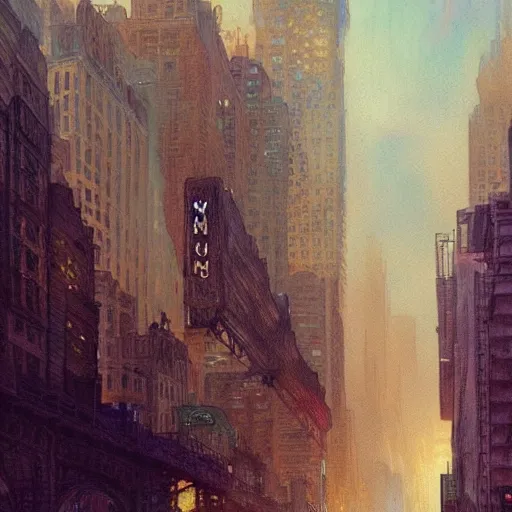 Image similar to a beautifull intricate watercolour painting of a new york city scene, reflexions, verry high details by william turner art, greg rutkowski and alphonse mucha, trending on artstation, very very detailed, masterpiece, muted colors