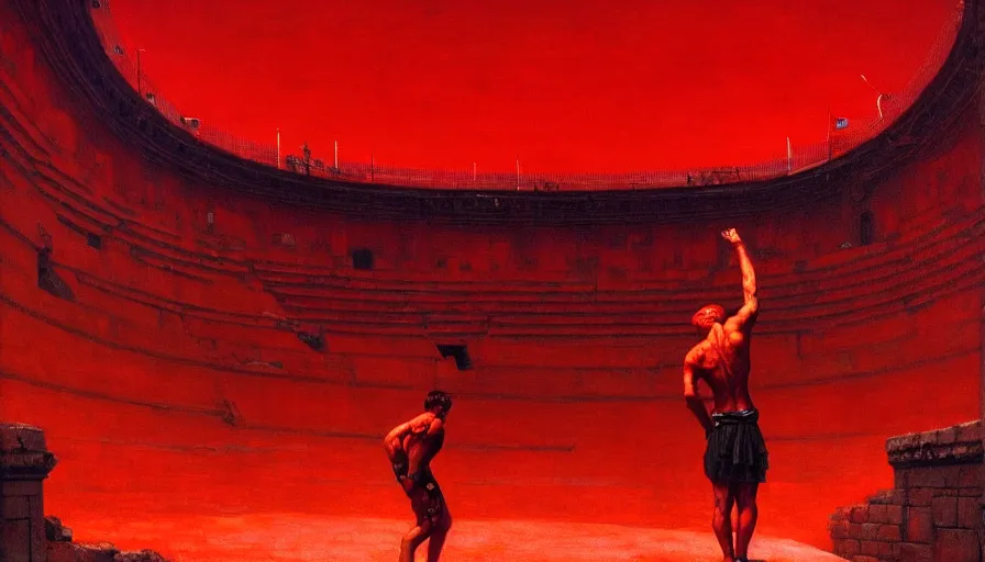 Image similar to only with red, a red gladiator in a crowded roman amphitheatre, crowd cheers him, in the style of beksinski, parts by edward hopper, parts by rodcenko, parts by yue minjun, intricate and epic composition, red by caravaggio, insane quality, highly detailed, masterpiece, red light, artstation