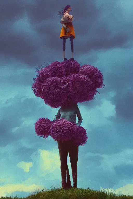 Image similar to portrait, giant flower head, a girl standing on pillar, surreal photography, wind and cold, dramatic sky, impressionist painting, digital painting, artstation, simon stalenhag