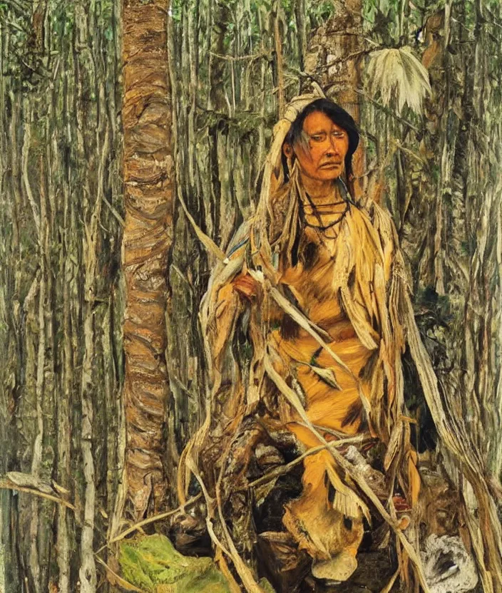 Image similar to indigenous woman warrior in the forest, painted by lucian freud, hd, super detailed, realistic, muted colors