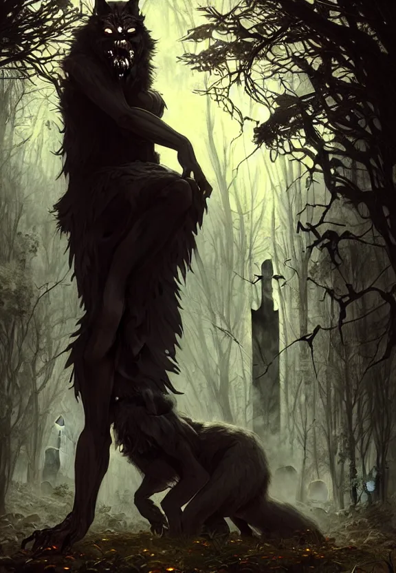 Three werewolves at night forest mtg fantasy art