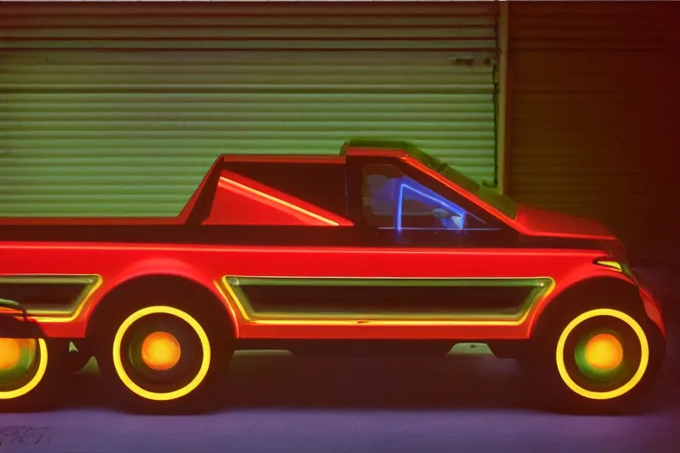 Prompt: designed by giorgetto giugiaro stylized poser of a single 1 9 9 8 honda kei truck, thick neon lights, ektachrome photograph, volumetric lighting, f 8 aperture, cinematic eastman 5 3 8 4 film