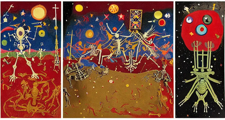 Image similar to pixel decollage painting tarot lovers card composition tower of babel road red armor maggot bear and wonky alien frog skeleton knight on a horse in a dark red cloudy night sky with golden foil jewish stars, occult symbols and diamonds, mountain lake and blossoming field in background, painted by Mark Rothko, Helen Frankenthaler, Danny Fox and Hilma af Klint, pixelated, neo expressionism, semi naive, pastel colors, cinematic, color field painting, cave painting, voxel, pop art look, outsider art, minimalistic. Bill Traylor painting, part by Philip Guston and Francis Bacon. art by Adrian Ghenie, very coherent symmetrical artwork, cinematic, hyper realism, high detail, octane render, unreal engine, Smooth gradients, depth of field, full body character drawing, extremely detailed, 8k, extreme detail, intricate detail, masterpiece