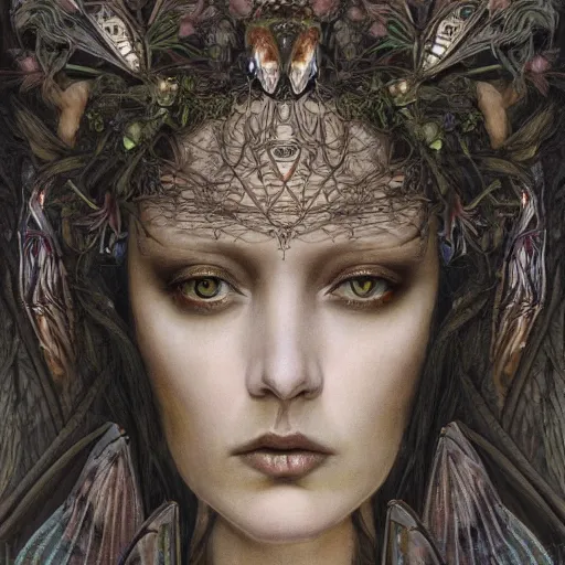 Prompt: a baroque neoclassicist close - up renaissance portrait of a beautiful forest witch queen with glowing eyes, moth wings with geometric patterns, reflective detailed textures, baroque dark fantasy science fiction painting by diego rivera and donato giancola and jean delville and moebius and tom bagshaw, goth, dramatic lighting, silver and muted colors, artstation, octane render