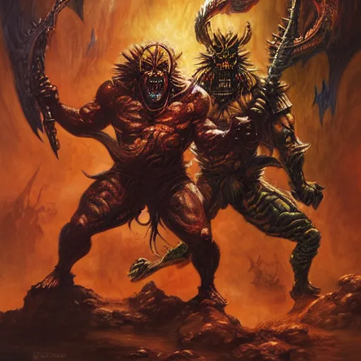 Prompt: demons warriors by boris vallejo and guillermo del toro, highly detailed, sharp, 8 k, deep colors, oil painting, sharp focus, warrior armor and weapons, pixel artwork, amazing artwork, depth, goblin war lord