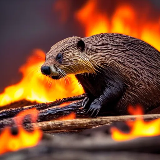 Image similar to wildlife photography of a beaver chewing down a bamboo shoot, surrounded by flames and lava, f / 1. 8, soft focus, 8 k, national geographic, award - winning photograph by nick nichols