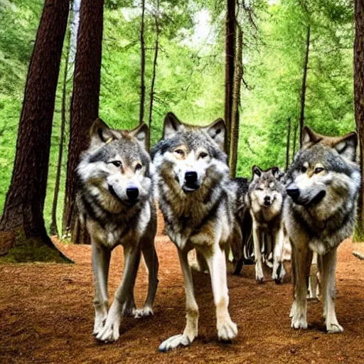 Prompt: a pack of wolves approaching you in a forest