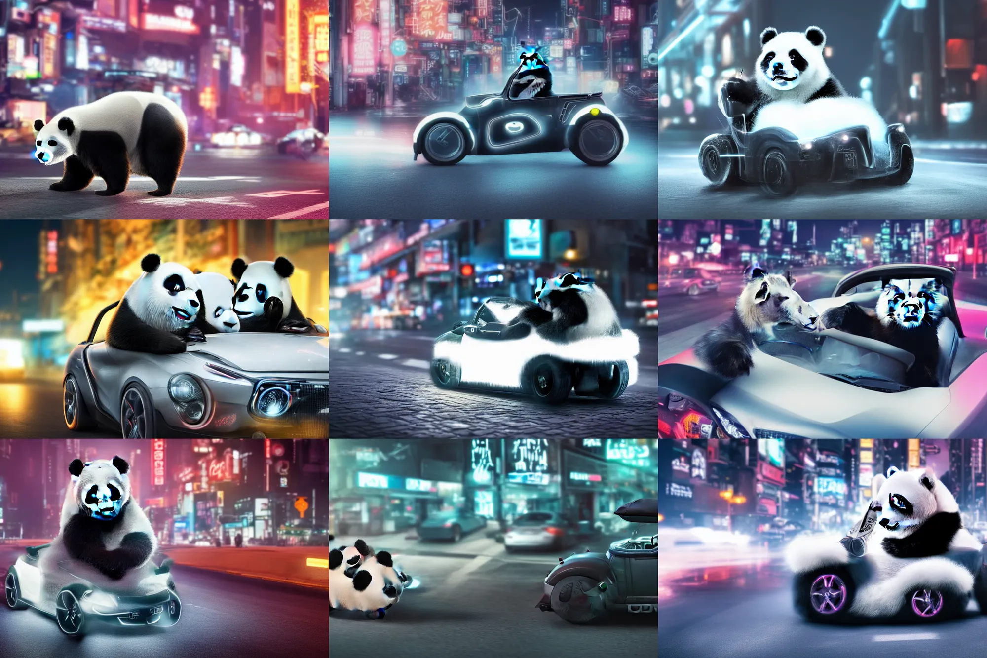 Prompt: a cute panda driving a roadster made of white fur in the street, Cyberpunk, neon light, 4k, hd, highly detailed