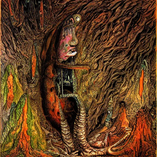 Prompt: a painting of a man standing in front of a cave, a surrealist painting by ian miller, deviantart, psychedelic art, lovecraftian, cosmic horror, poster art