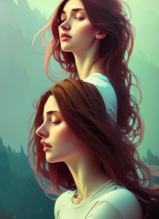 Image similar to attractive young women with shoulder length brown hair, half body shot, path traced, highly detailed, high quality, digital painting, alena aenami, lilia alvarado, shinji aramaki, karol bak, alphonse mucha, tom bagshaw