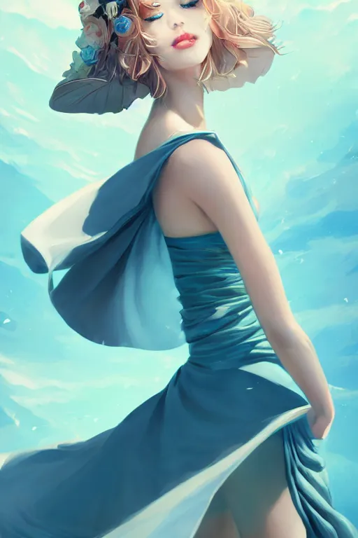 Image similar to a beautiful fashion goddness of love, chic strapless dress, tropical sea background, character design, in the style of artgerm, and wlop, cinematic lighting, hyperdetailed, 8 k realistic, symmetrical, global illumination, radiant light, frostbite 3 engine, cryengine, dof, trending on artstation, digital art