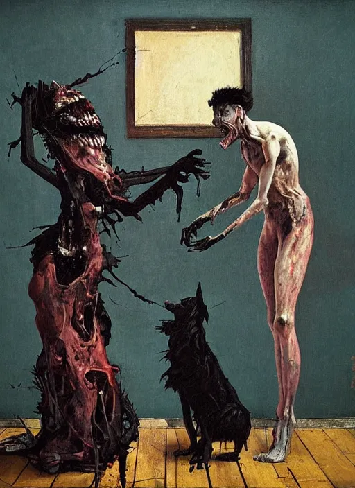 Image similar to two dark figures laughing and a black dog inside a decayed contemporary living room with large oxygen tank in the style of Francis Bacon and Zdzislaw Beksinski, Edward Hopper and Norman Rockwell, highly detailed, very coherent, triadic color scheme