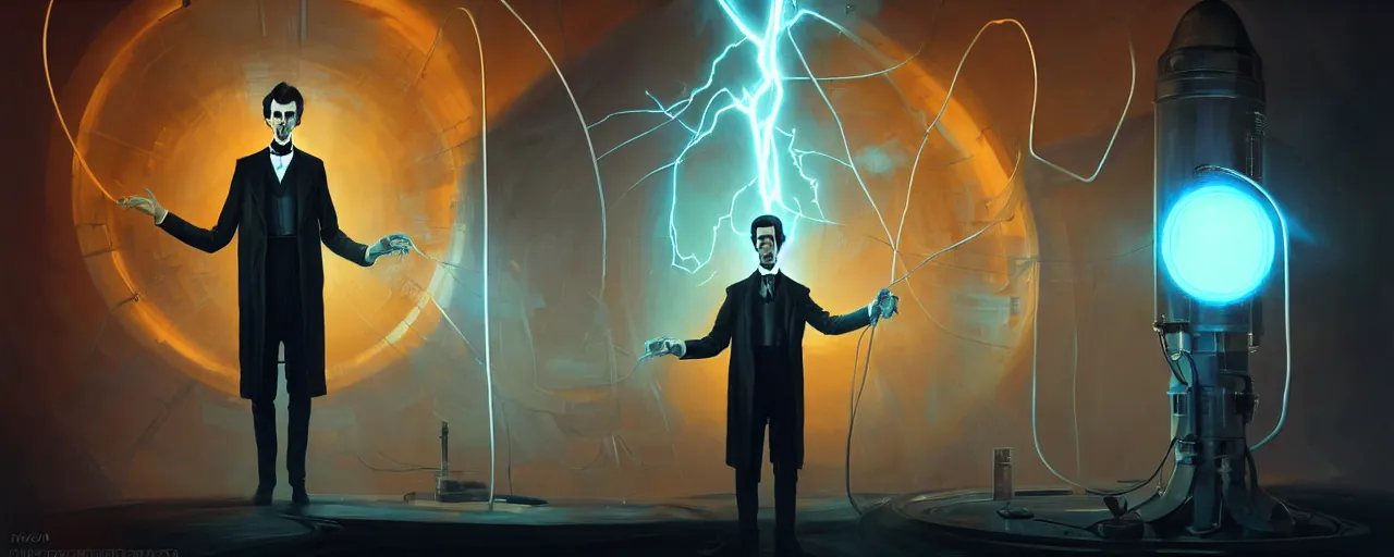 Image similar to duotone dark scifi illustration 3 / 4 portrait of nikola tesla with conducting eletricity experiments with tesla coils. cinematic lighting mad scientist style. golden ratio accidental renaissance. by sachin teng and sergey kolesov and ruan jia and heng z. graffiti art, scifi, fantasy, hyper detailed. octane render. concept art. trending on artstation