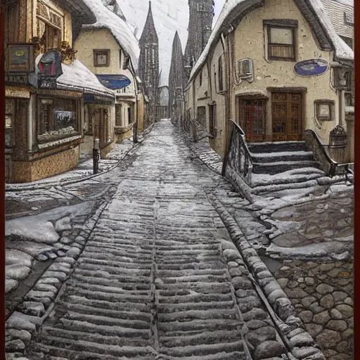 Image similar to an ultra detailed tarot card of the quaint town of galic, grid shaped city cobblestone streets, fantasy city, the morning after a heavy snowfall, wind, inspiring gothic architecture, ultrawide lense, aerial photography, unreal engine, exquisite detail, 8 k, art by greg rutkowski and alphonse mucha