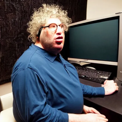 Image similar to obese Howard Stern wearing a headset yelling at his monitor while playing WoW highly detailed wide angle lens 10:9 aspect ration award winning photography by David Lynch esoteric erasure head