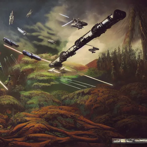 Image similar to battle of endor by dali, epic scope, cinematic lighting.