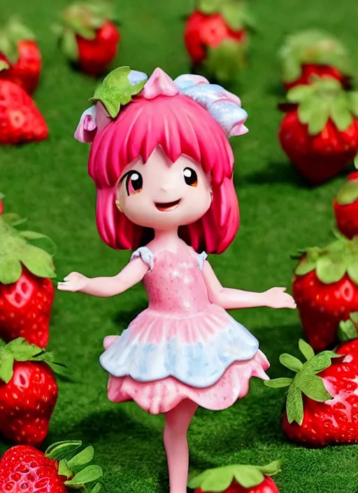 Image similar to a wholesome femo figurine of a cute funny strawberry fairy with freckles wearing a frilly floral strawberry dress featured on yotsuba by studio ghibly and disney made of strawberry jam jar, pastels, wide angle, dynamic dancing pose, 🎀 🍓 🧚