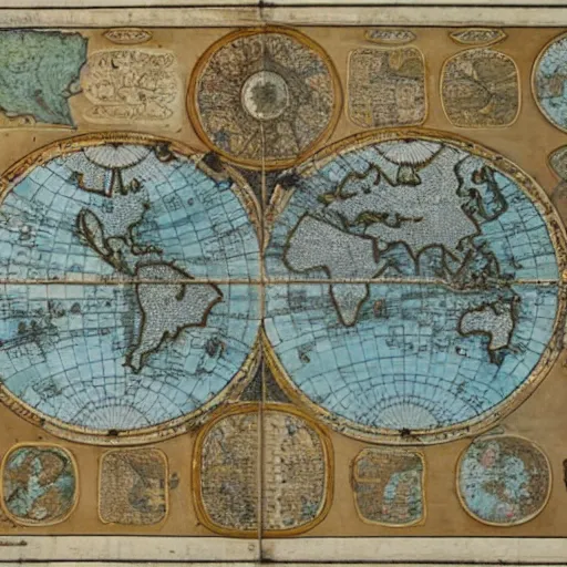Prompt: 1 5 0 0 s cartographers map depicting two large islands, two medium sized islands, and one small island from a birdseye view with blue water inbetween