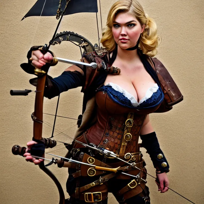 Image similar to full length photograph of a real-life kate upton as a steampunk archer, Extremely detailed. 8k