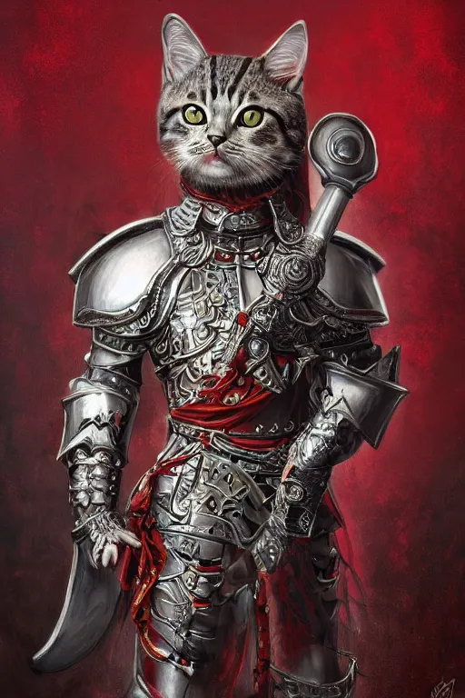 Prompt: Anthropomorphized cat in full armor carrying Sword and Shield, full body, menacing pose, concept art, insanely detailed and intricate, hypermaximalist, elegant, ornate, hyper realistic, super detailed, tribal red atmosphere, Art Deco, cinematic, trending on artstation, magic the gathering artwork, centered