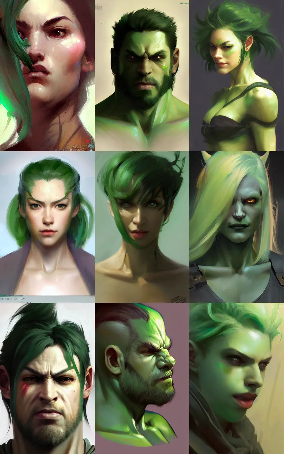 Prompt: character concept portrait, orc, green - hair, style in digital painting, concept art, smooth, sharp focus, illustration, from metal gear, by ruan jia and mandy jurgens and william - adolphe bouguereau, artgerm