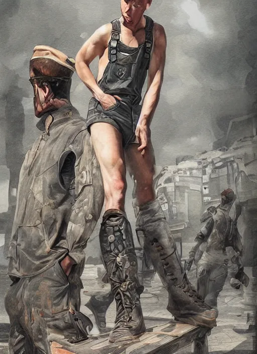 Image similar to digital _ painting _ of _ painted tank top, overalls and combat boots _ by _ filipe _ pagliuso _ and _ justin _ gerard _ symmetric _ fantasy _ highly _ detailed _ realistic _ intricate _ port