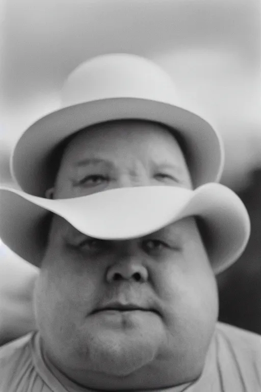 Image similar to close-up photography, portrait of fat man in white hat, soft light, 35mm, film photo, Joel Meyerowitz