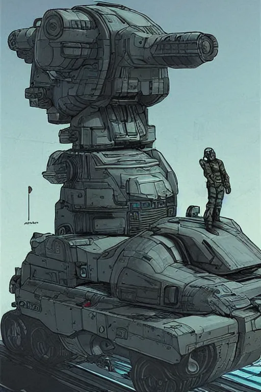 Prompt: comic book illustration, an android soldier sits on the turret of a futuristic tank, cyberpunk concept art by Moebius, highly detailed, intricate, sci-fi, sharp focus, Trending on Artstation HQ, deviantart