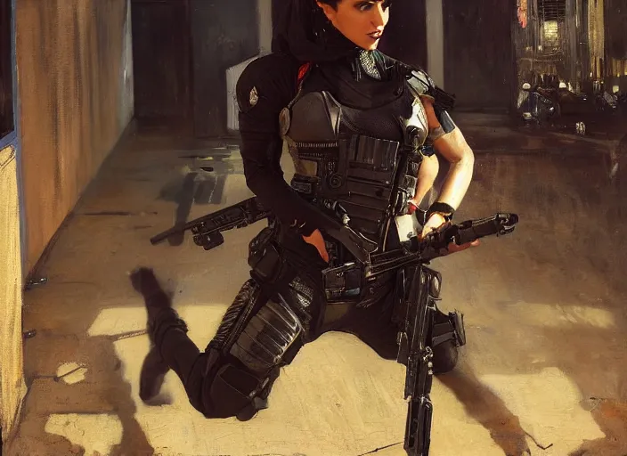 Prompt: sophia evades sgt griggs. Cyberpunk hitwoman escaping Cyberpunk policeman in combat gear. (police state, Cyberpunk 2077, blade runner 2049). Cyberpunk Iranian orientalist portrait by john william waterhouse and Edwin Longsden Long and Theodore Ralli and Nasreddine Dinet, oil on canvas. Cinematic, Dramatic lighting.