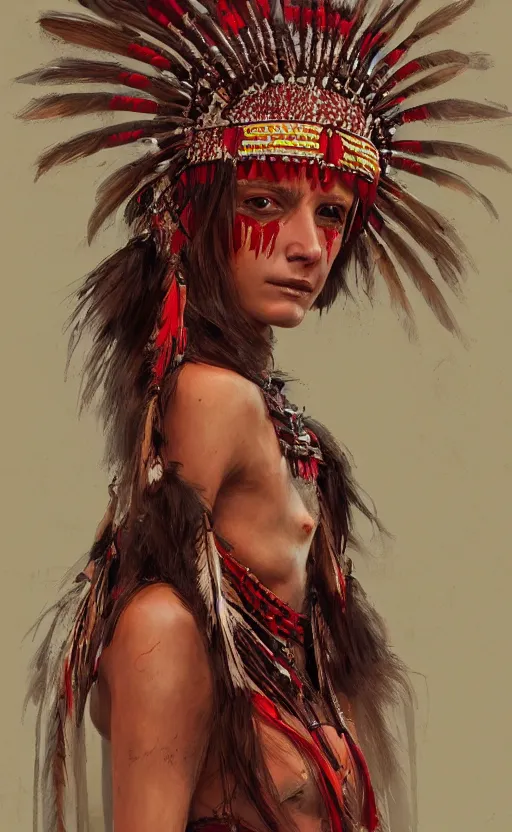 Image similar to gorgeous redskin woman wearing headdress, intricate, elegant, highly detailed, artstation, concept art, smooth, sharp focus, illustration, art by stefan kostic and greg rutkowski