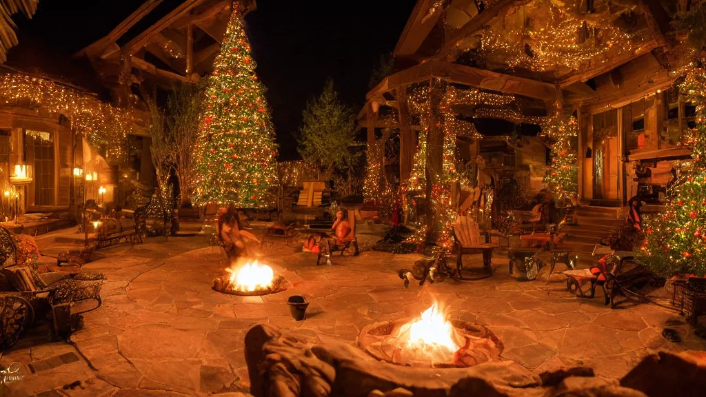 Prompt: party at midnight, bay area, peyote colors, fire pit, hot tub, candles, people, cozy, warm, beautiful, cozy environment, ornate, intricate, glowing emitting light ornaments, 8 k, rule of thirds, cinematic, highly detailed, movie still