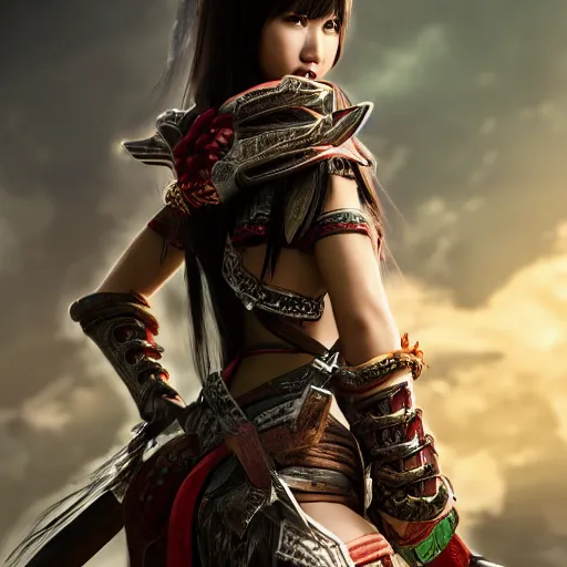Prompt: a portrait of a full body beautiful asian girl, young with long hair, wearing monster hunter armor, hunting, hyper - realistic, very detailed, intricate, very sexy pose, slight smile expression, unreal engine, dramatic cinematic lighting rendered by octane, 8 k, detailed