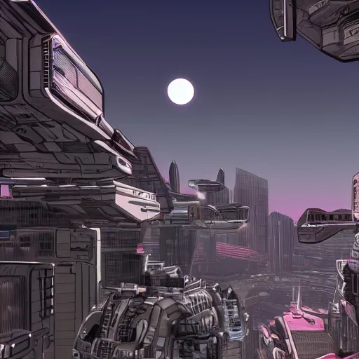 Prompt: point perspective, scifi city in the future, full moon, cyborg in the foreground