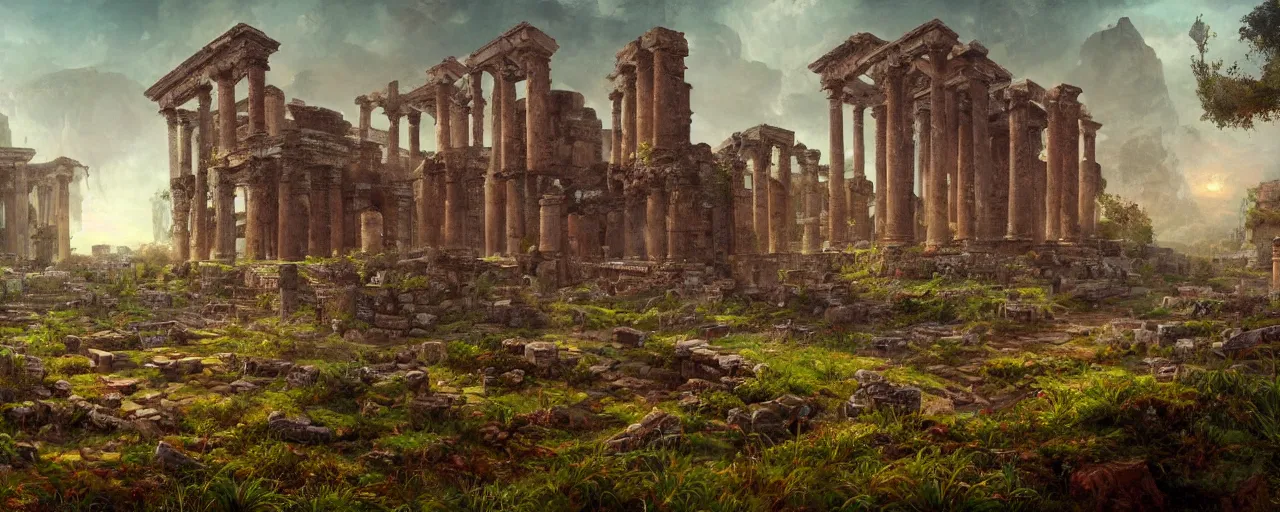 Image similar to ” landscape with overgrown ruins of a roman temple, [ by paul lehr, cinematic, detailed, epic, widescreen, opening, establishing, mattepainting, photorealistic, realistic textures, octane render ] ”