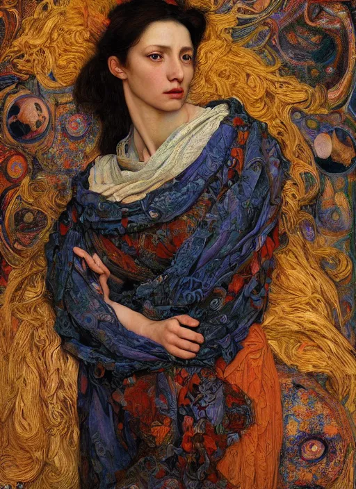 Prompt: portrait of a beautiful woman in watching the stars above wearing a scarf with colourful intricate psychodelic patterns, by edgar maxence and caravaggio and michael whelan and delacroix style, artistic, intricate drawing, light brazen, realistic fantasy, extremely detailed and beautiful aesthetic face, establishing shot, 8 k resolution, dramatic lighting