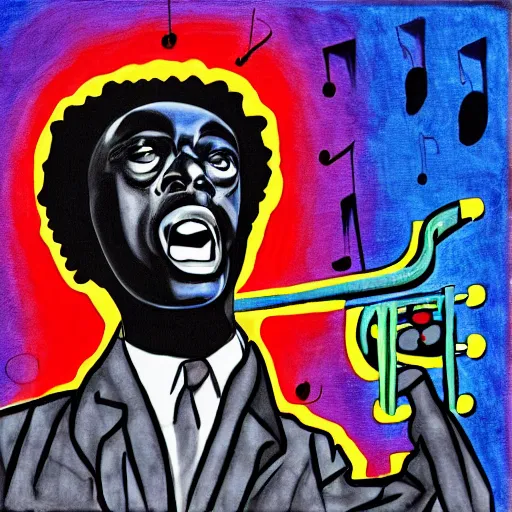 Image similar to miles davis in the style of daniel johnston, 4k