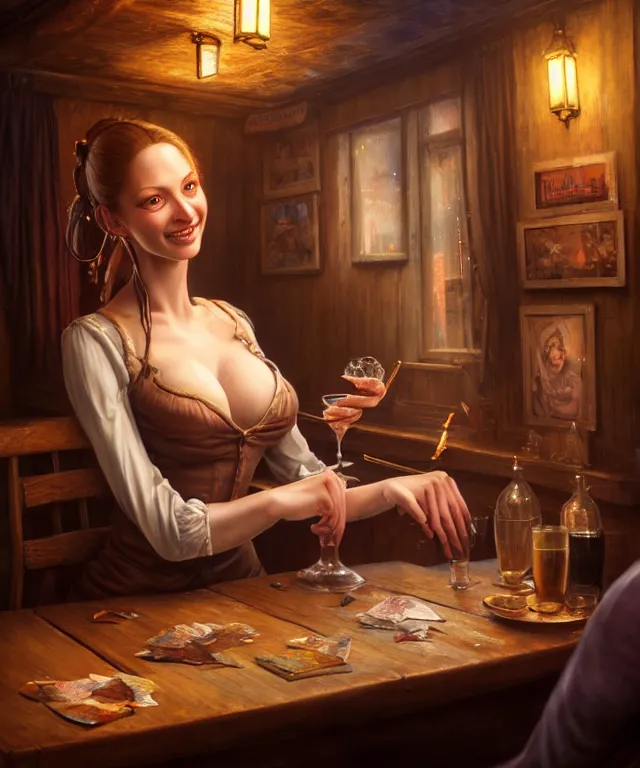 Image similar to hyperrealistic mixed media painting of a beautiful smiling charismatic barmaiden, dimly lit cozy tavern, confident relaxed pose, d&d, stunning 3d render inspired art by Gerlad Brom and Anna Dittmann + perfect facial symmetry + dim volumetric lighting, 8k octane beautifully detailed render, post-processing, extremely hyperdetailed, intricate, epic composition, grim yet sparkling atmosphere, cinematic lighting + masterpiece, trending on artstation, very very detailed, masterpiece, stunning